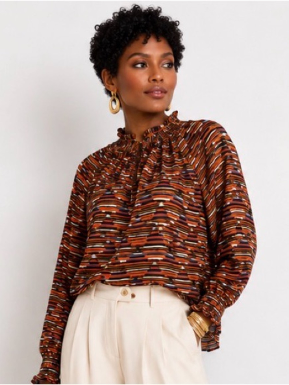 LOFT Rust Multi Ruffle-Neck Long Sleeve Blouse